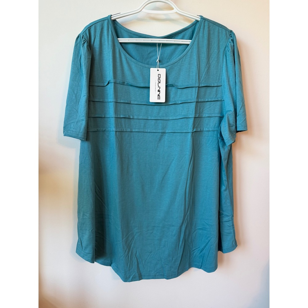 Dolinne Plus Size 3XL Teal Blue Pleated Chest Scoop Neck Short Sleeve Top NEW